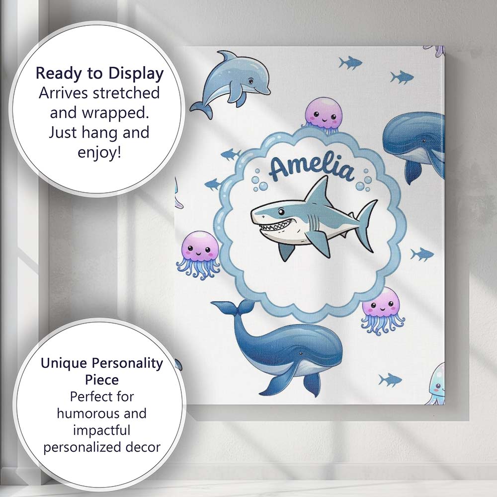 Personalised Name Cute Dolphin Shark and Custom Unique Gift Idea Elegant Feature Canvas Wall Art Print Decor Picture Ready to Hang