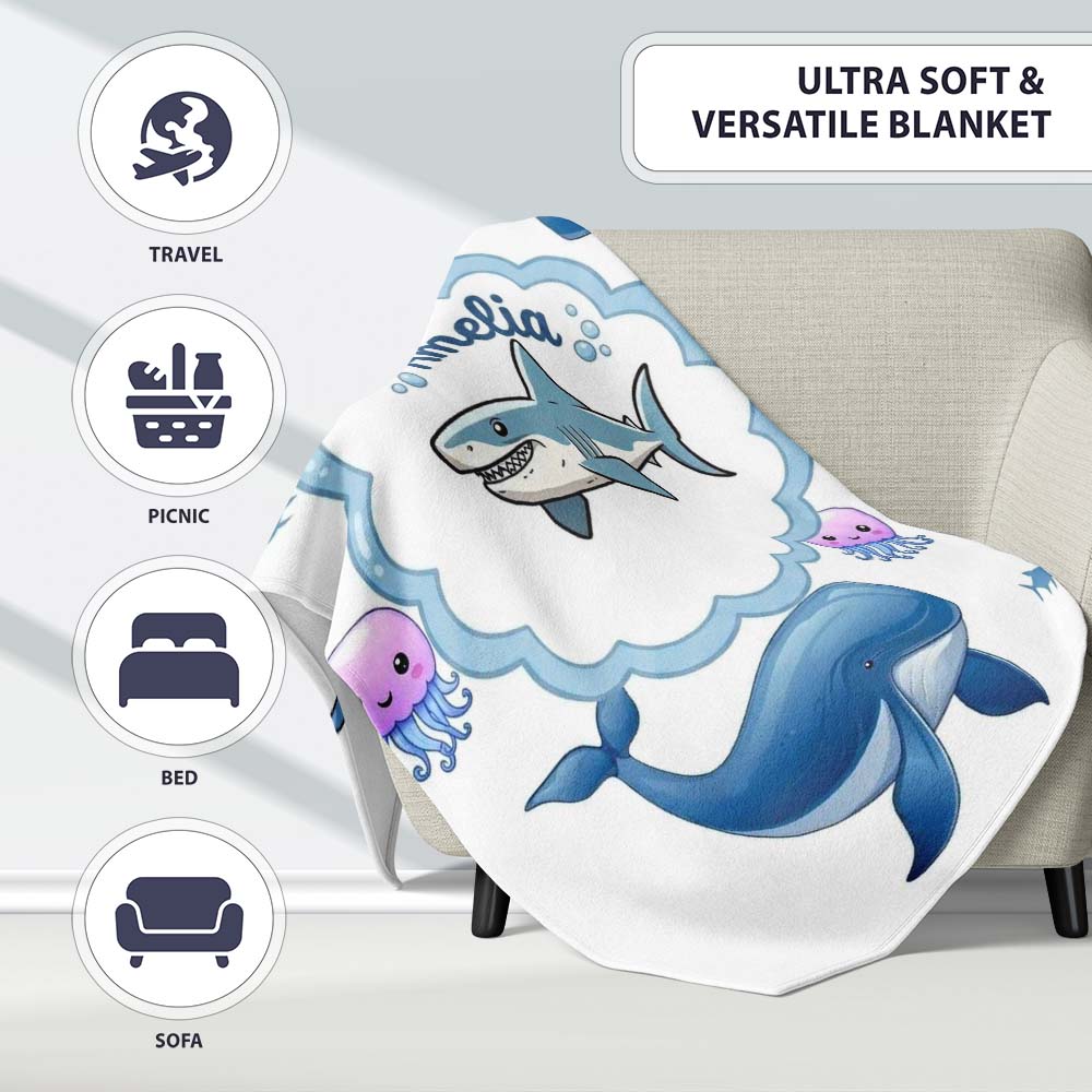 Cute Dolphin Shark and Jellyfish Ocean Animals Light Grey Background Personalised Custom Name Super Soft Fleece Blanket Bed Sofa Throw