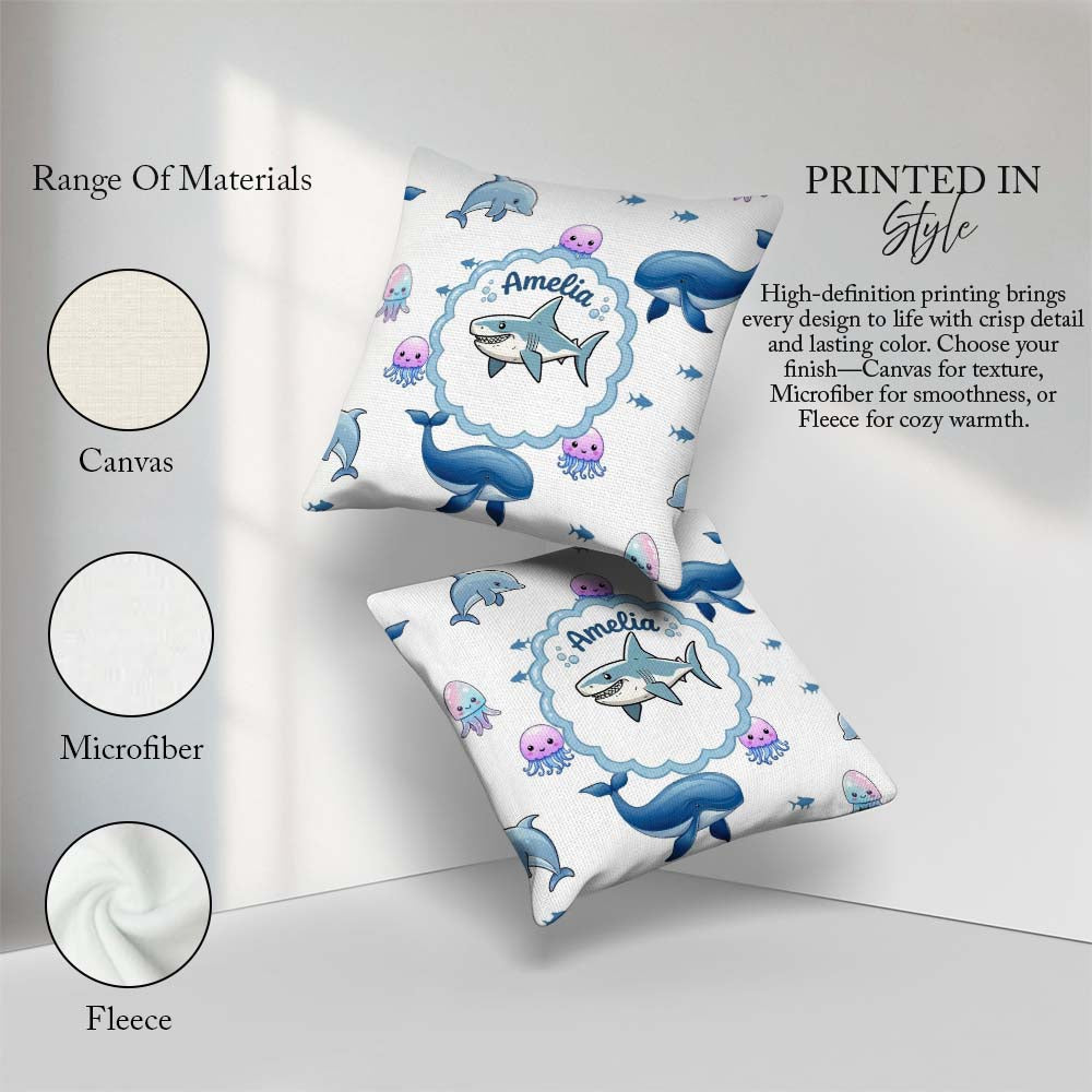 Custom Name Dolphin Shark and Jellyfish Ocean Animals Light Grey Square Filled Cushion Throw Pillow Sofa Bed Home Decor Zip Washable UK Made