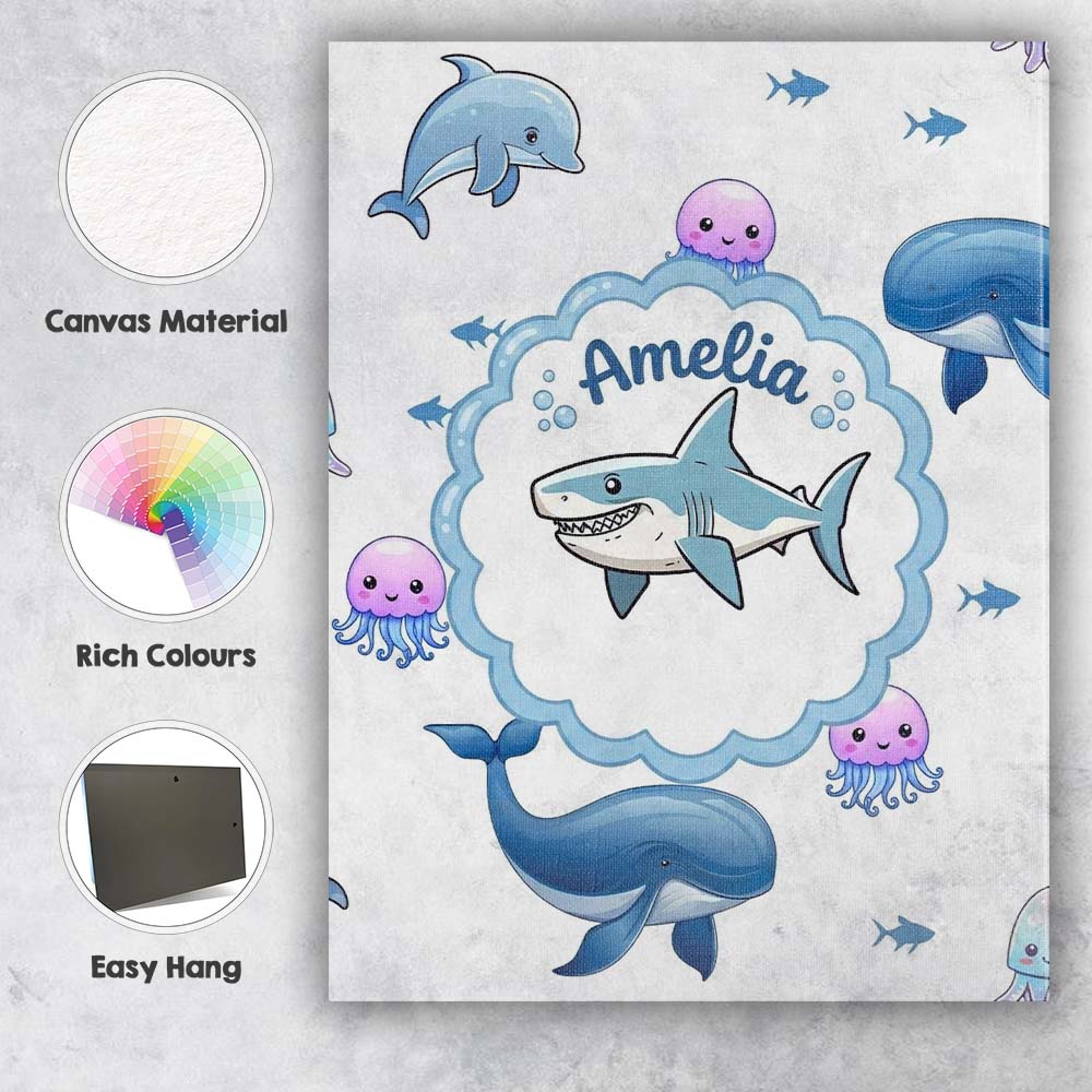 Personalised Name Cute Dolphin Shark and Custom Unique Gift Idea Elegant Feature Canvas Wall Art Print Decor Picture Ready to Hang