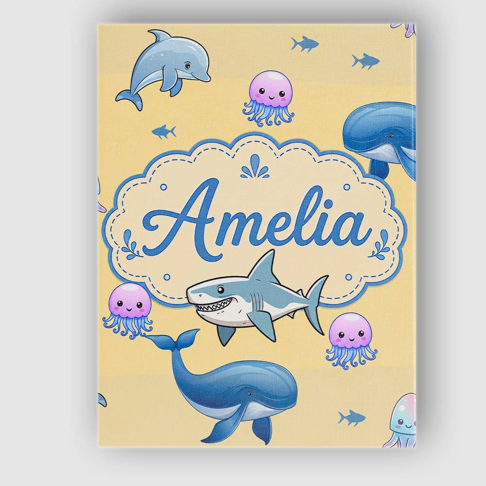 Personalised Name Cute Dolphin Shark and Custom Unique Gift Idea Elegant Feature Canvas Wall Art Print Decor Picture Ready to Hang