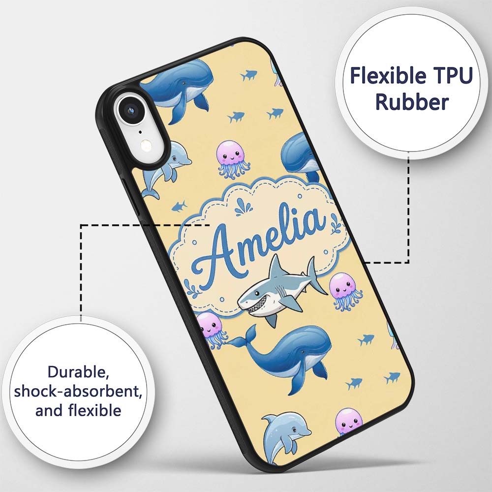 Cute Dolphin Shark and Jellyfish Ocean Animals Custom Name Protective Phone Case Mobile Cover Durable Everyday Smartphone Shock Resistant