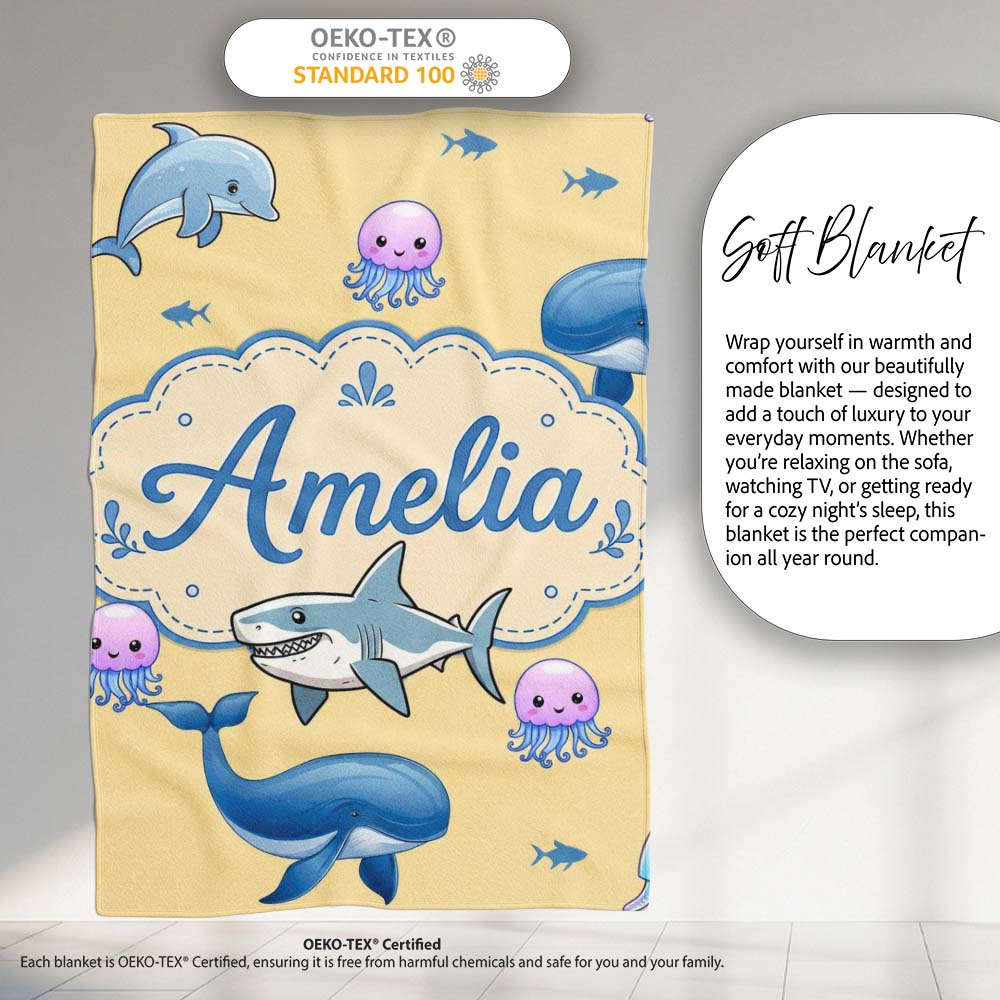 Cute Dolphin Shark and Jellyfish Ocean Animals Warm Yellow Lovely Personalised Custom Name Super Soft Fleece Blanket Bed Sofa Throw