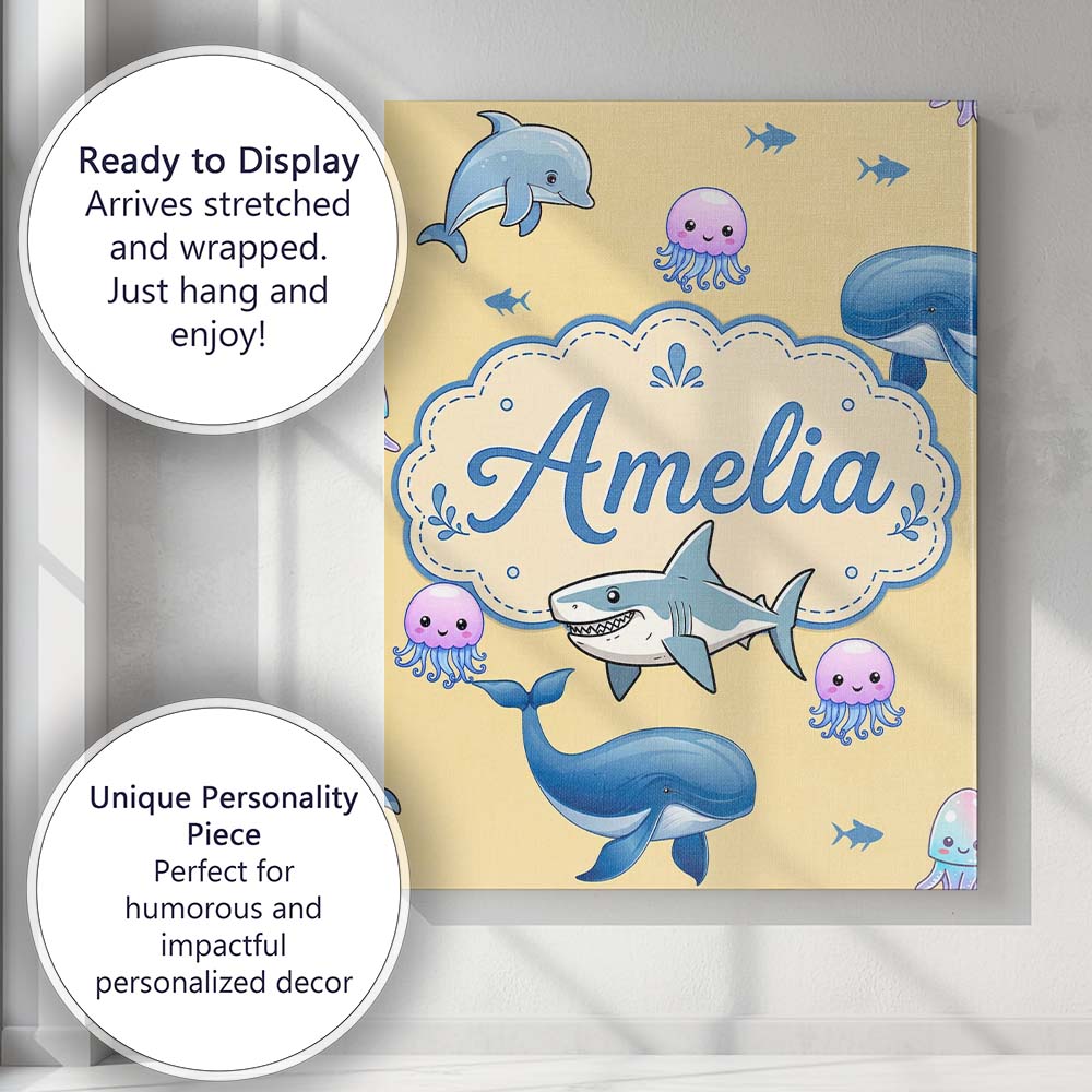 Personalised Name Cute Dolphin Shark and Custom Unique Gift Idea Elegant Feature Canvas Wall Art Print Decor Picture Ready to Hang