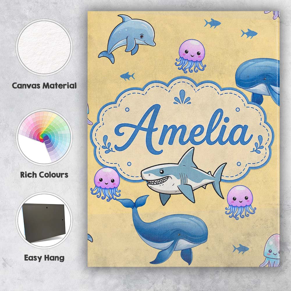 Personalised Name Cute Dolphin Shark and Custom Unique Gift Idea Elegant Feature Canvas Wall Art Print Decor Picture Ready to Hang