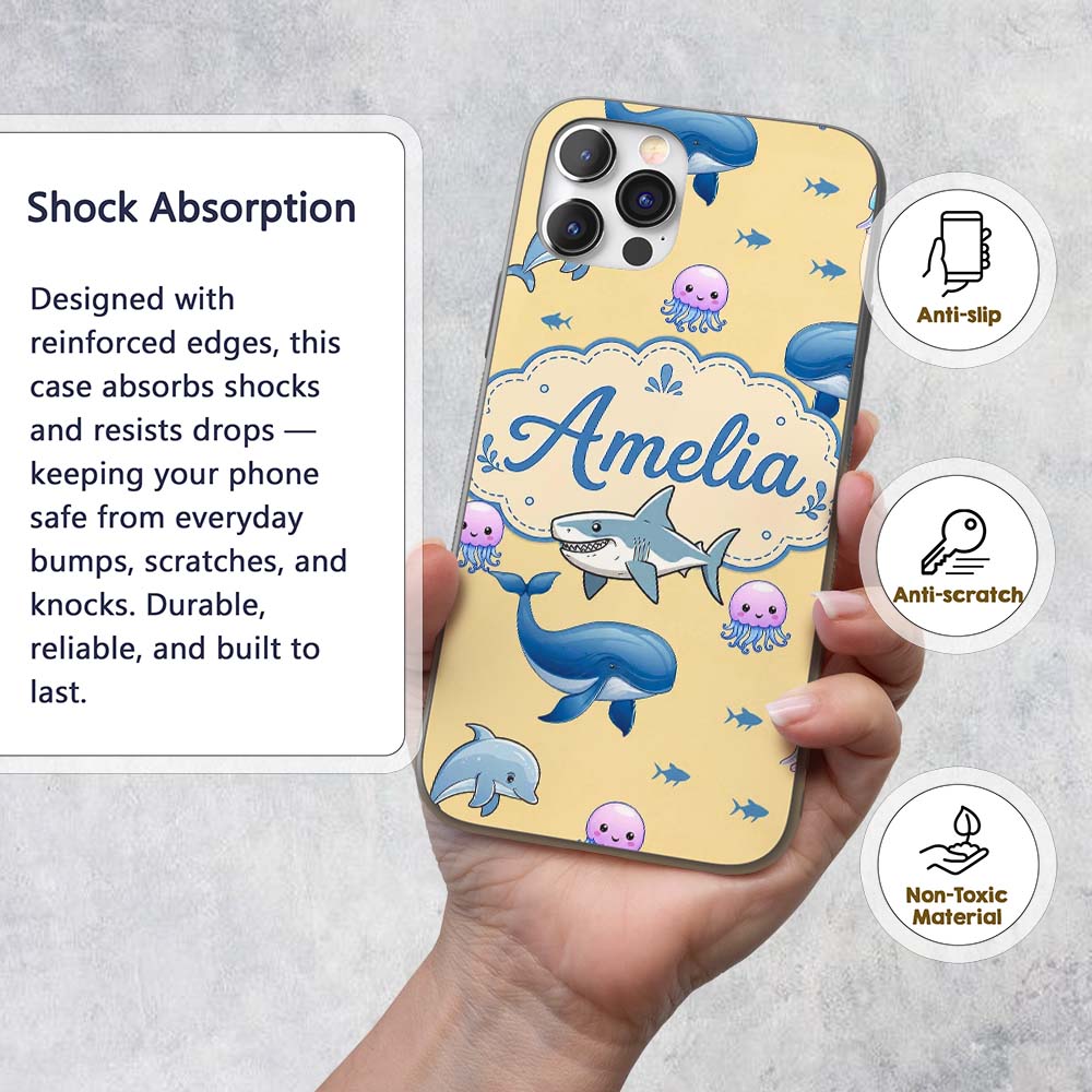 Cute Dolphin Shark and Jellyfish Ocean Animals Custom Name Protective Phone Case Mobile Cover Durable Everyday Smartphone Shock Resistant