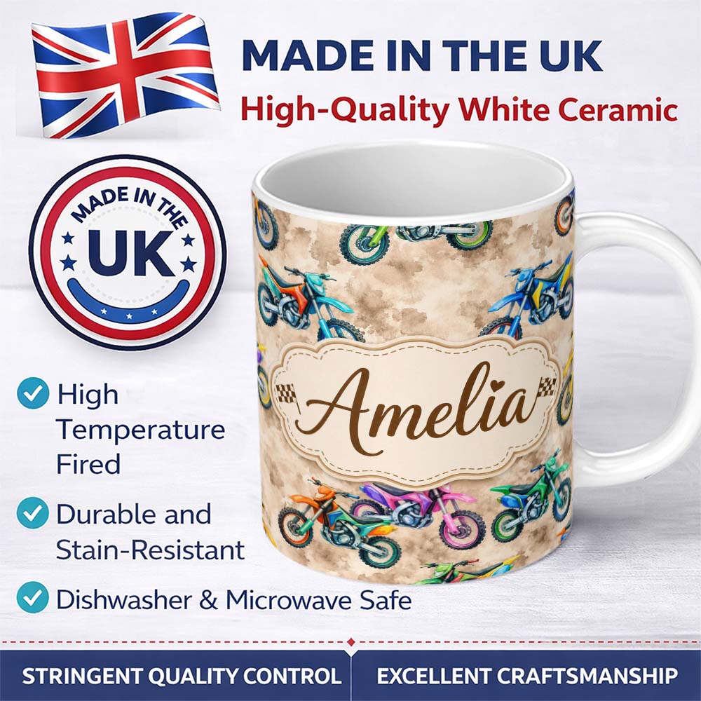 Personalized Custom Name Colorful Kids Dirt Bike Motocross Seamless Pattern on Beige Lovely 11oz Ceramic Coffee Tea Mug White Large Handle