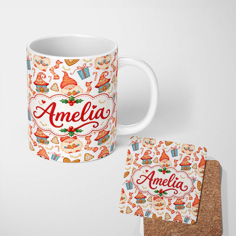 Personalized Custom Name Cute Christmas Gnome House Candy Cane Gift Seamless Pattern Lovely 11oz Ceramic Coffee Tea Mug White Large Handle