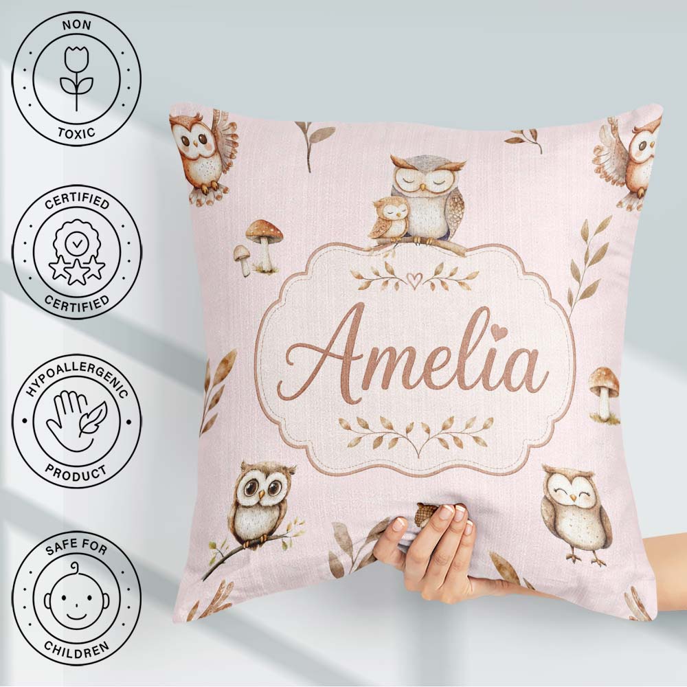 Custom Name Cute Owls Mushrooms and Leaves Soft Blush Background Square Filled Cushion Throw Pillow Sofa Bed Home Decor Zip Washable UK Made