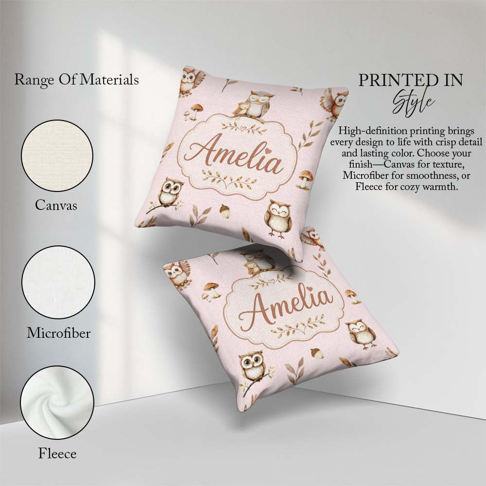Custom Name Cute Owls Mushrooms and Leaves Soft Blush Background Square Filled Cushion Throw Pillow Sofa Bed Home Decor Zip Washable UK Made