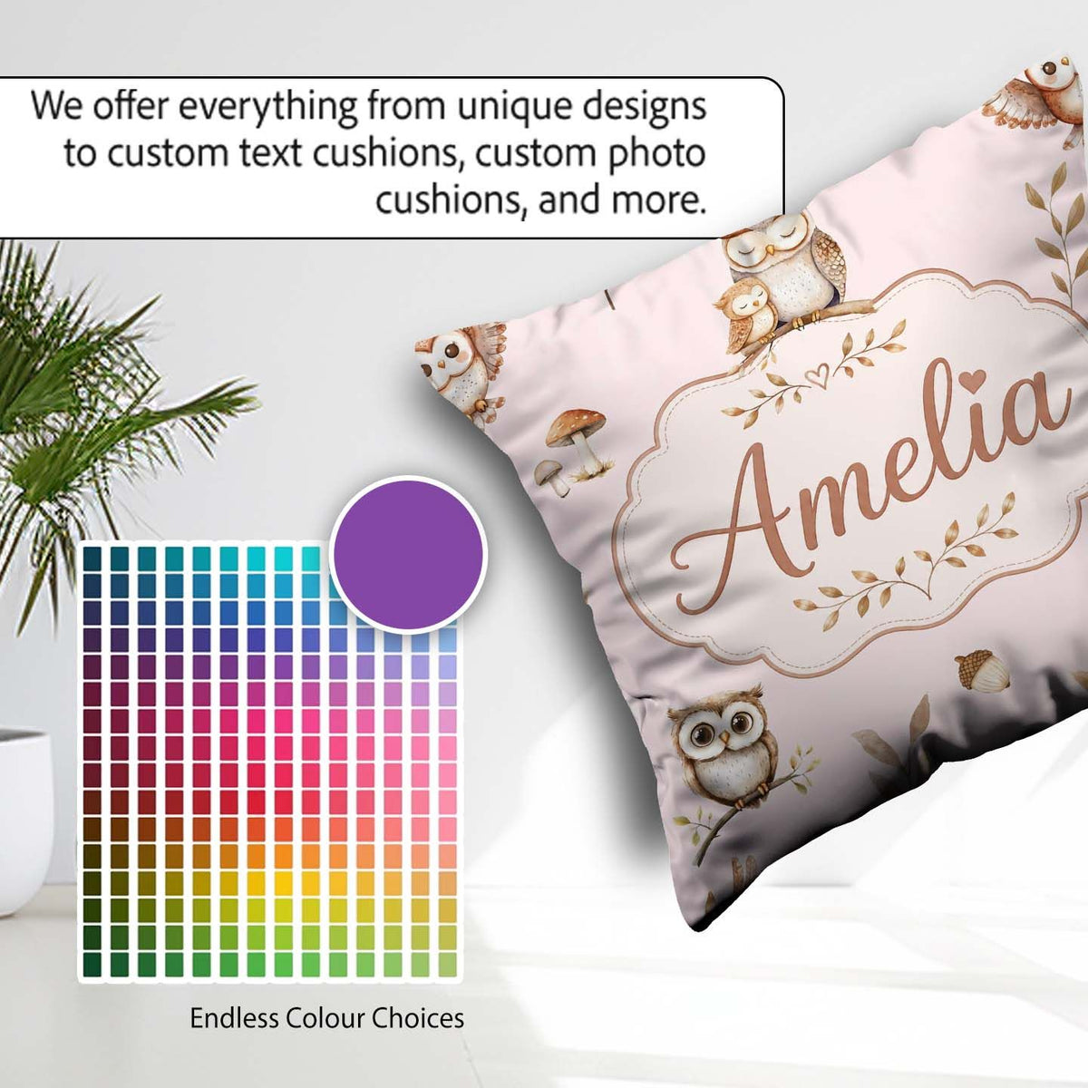 Custom Name Cute Owls Mushrooms and Leaves Soft Blush Background Square Filled Cushion Throw Pillow Sofa Bed Home Decor Zip Washable UK Made