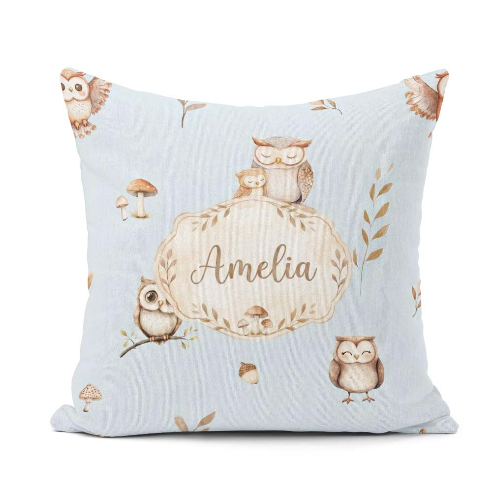 Custom Name Cute Owls Mushrooms and Leaves Soft Blue Background Square Filled Cushion Throw Pillow Sofa Bed Home Decor Zip Washable UK Made