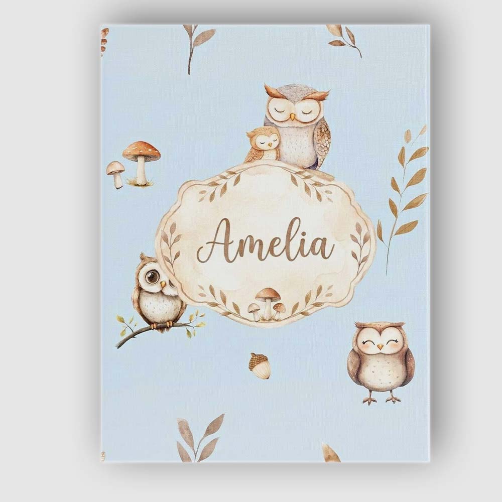 Personalised Name Cute Woodland Owls Custom Premium Decorative Design Modern Room Accent Canvas Wall Art Print Decor Picture Ready to Hang