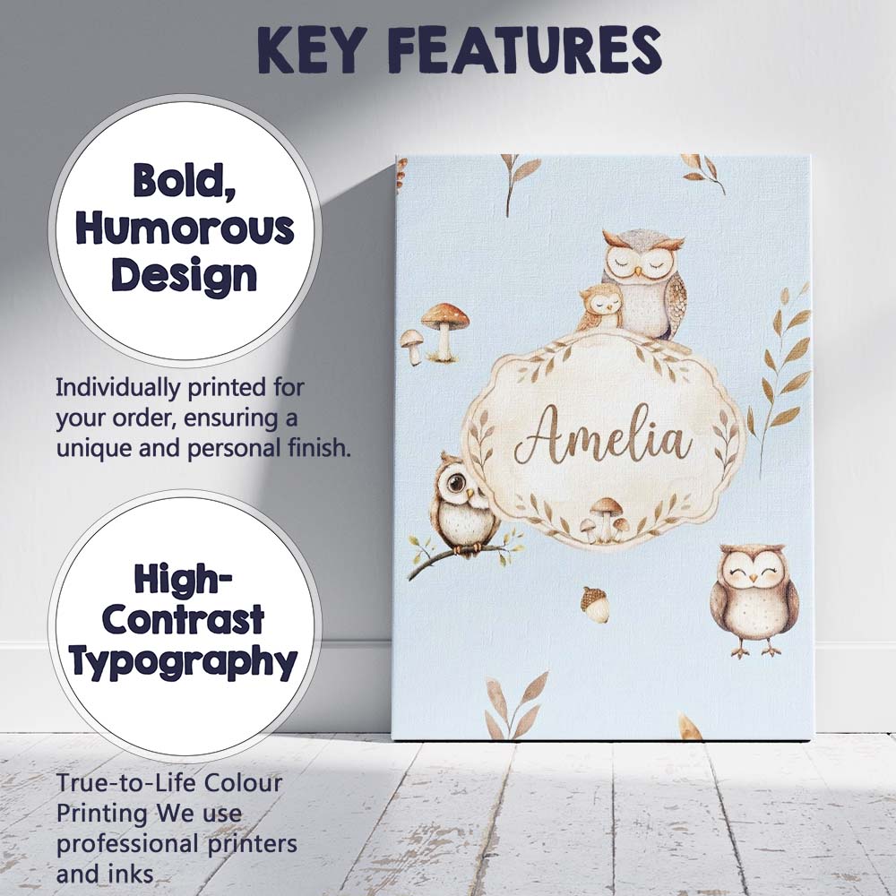 Personalised Name Cute Woodland Owls Custom Premium Decorative Design Modern Room Accent Canvas Wall Art Print Decor Picture Ready to Hang