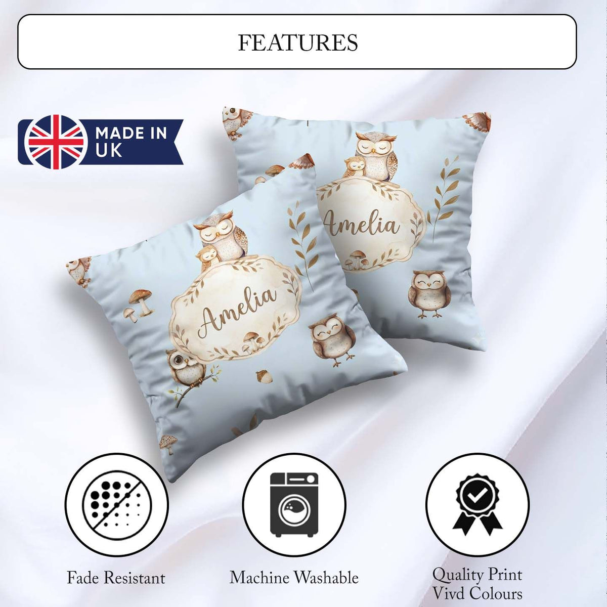 Custom Name Cute Owls Mushrooms and Leaves Soft Blue Background Square Filled Cushion Throw Pillow Sofa Bed Home Decor Zip Washable UK Made