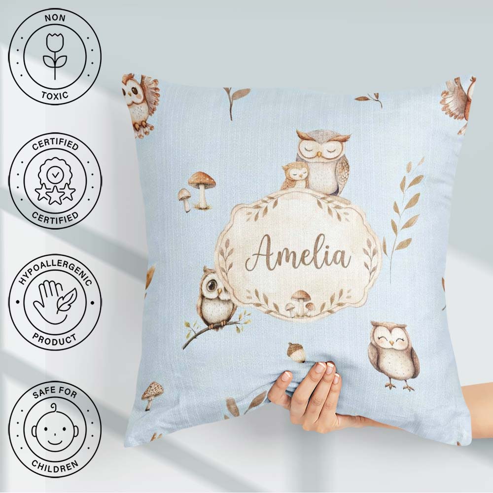 Custom Name Cute Owls Mushrooms and Leaves Soft Blue Background Square Filled Cushion Throw Pillow Sofa Bed Home Decor Zip Washable UK Made