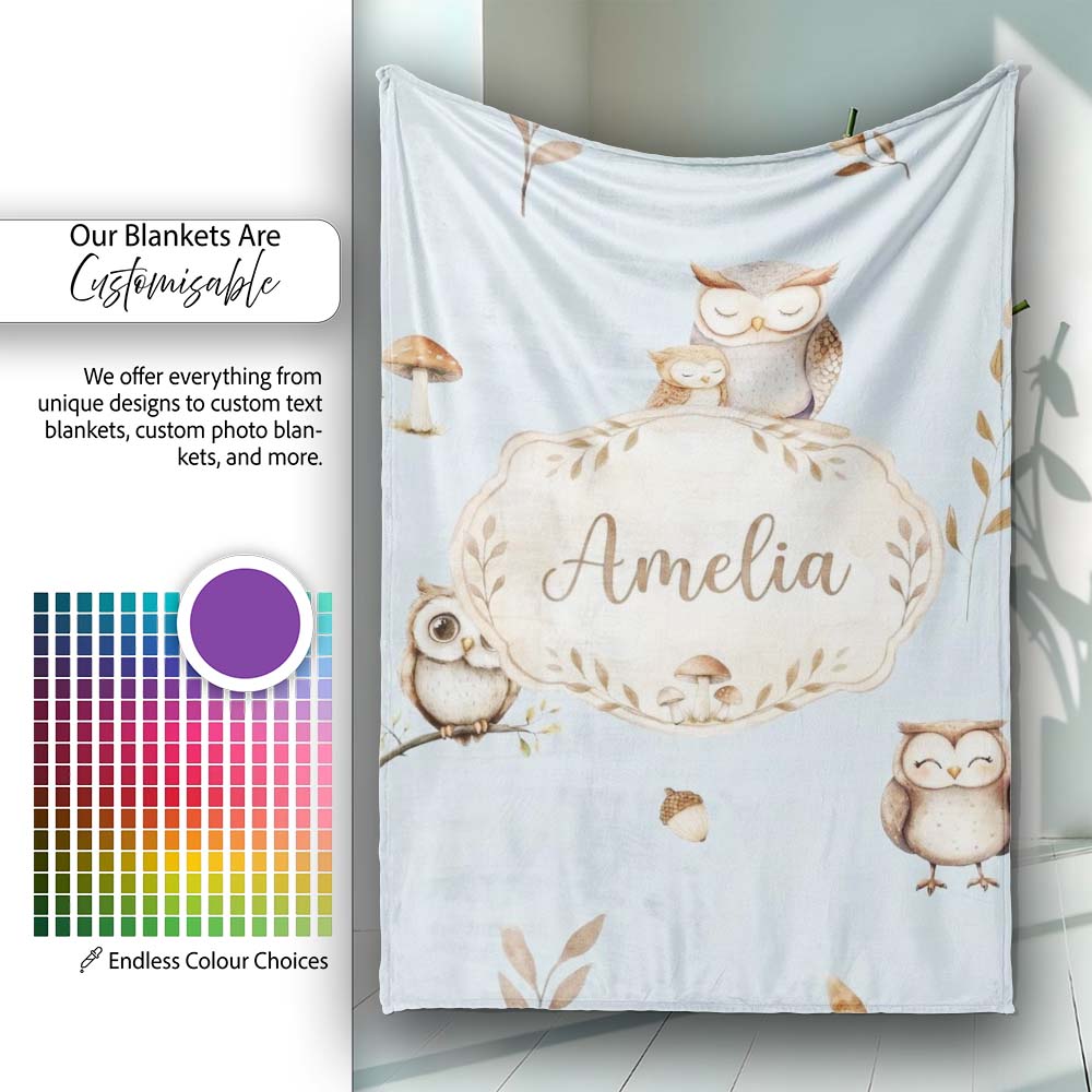 Cute Woodland Owls Mushrooms and Leaves Soft Blue Background Lovely Personalised Custom Name Super Soft Fleece Blanket Bed Sofa Throw