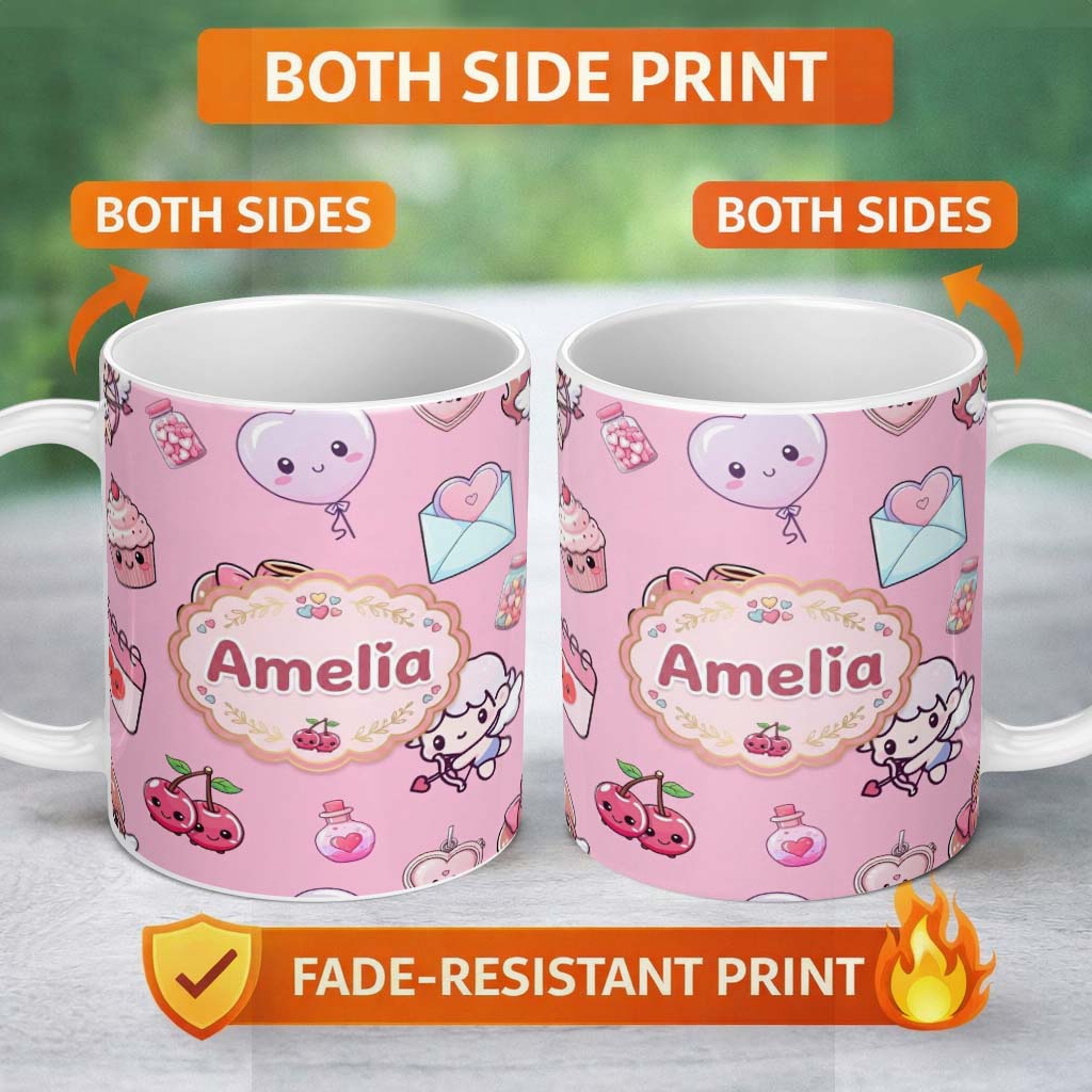 Personalized Custom Name Cute Cupid Angels Hearts Sweets Balloon Love Elements Soft Pink 11oz Ceramic Coffee Tea Mug White Large Handle