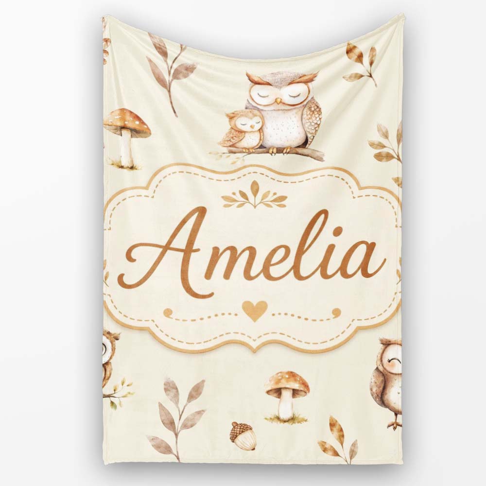Cute Woodland Owls Mushrooms and Leaves Warm Beige Background Lovely Personalised Custom Name Super Soft Fleece Blanket Bed Sofa Throw