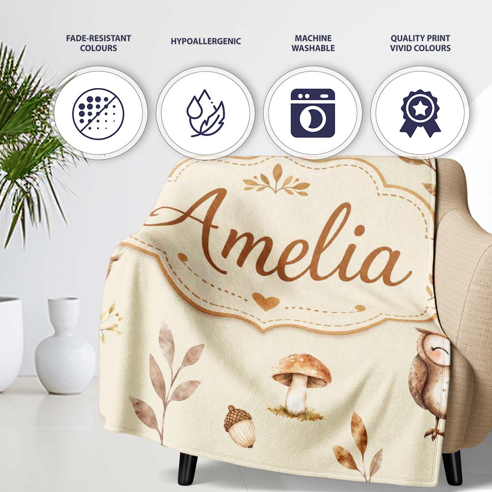 Cute Woodland Owls Mushrooms and Leaves Warm Beige Background Lovely Personalised Custom Name Super Soft Fleece Blanket Bed Sofa Throw