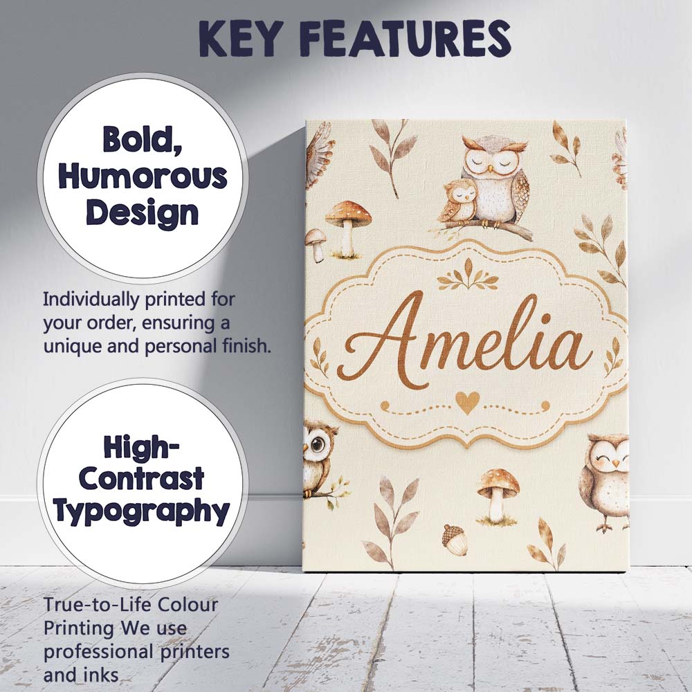 Personalised Name Cute Woodland Owls Custom Premium Decorative Design Modern Room Accent Canvas Wall Art Print Decor Picture Ready to Hang