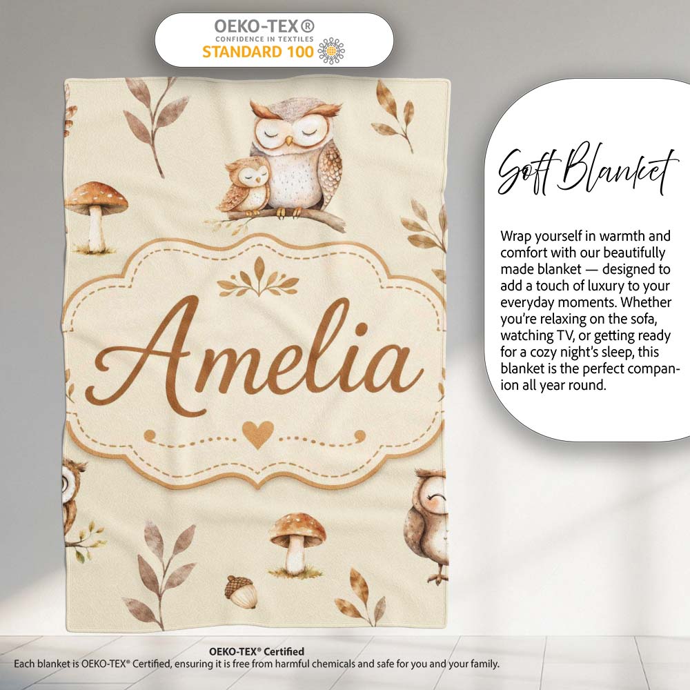 Cute Woodland Owls Mushrooms and Leaves Warm Beige Background Lovely Personalised Custom Name Super Soft Fleece Blanket Bed Sofa Throw