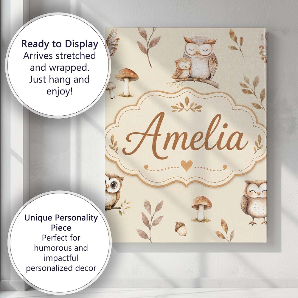 Personalised Name Cute Woodland Owls Custom Premium Decorative Design Modern Room Accent Canvas Wall Art Print Decor Picture Ready to Hang