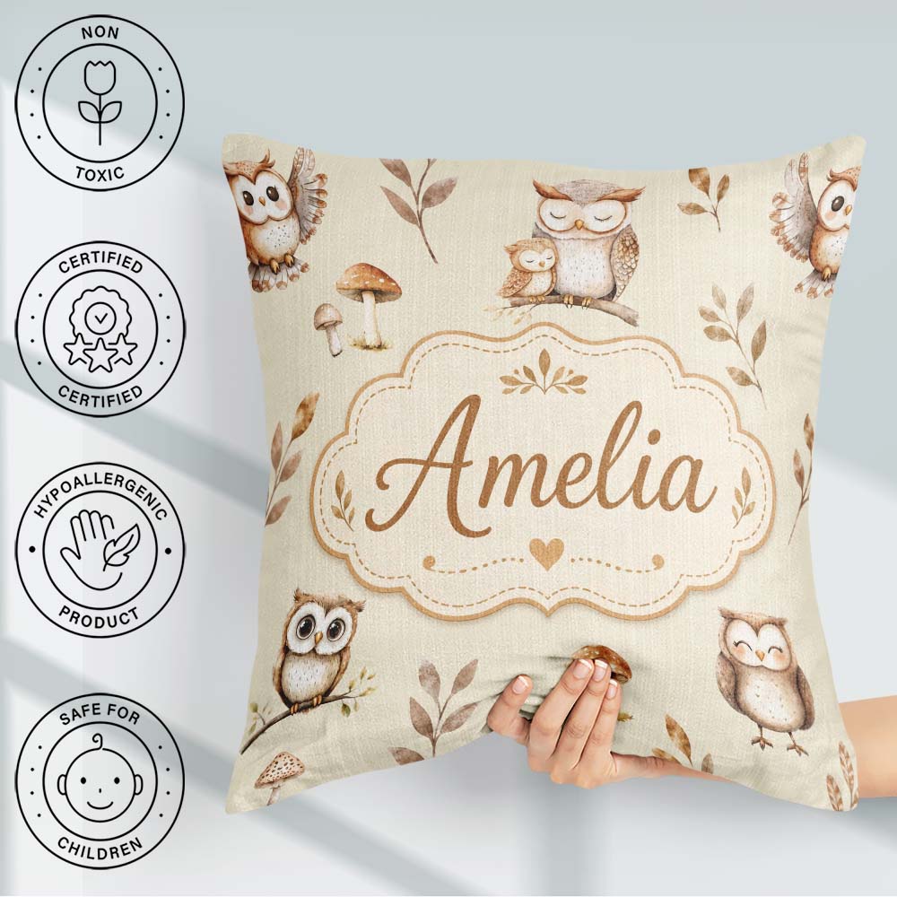 Custom Name Cute Owls Mushrooms and Leaves Warm Beige Background Square Filled Cushion Throw Pillow Sofa Bed Home Decor Zip Washable UK Made