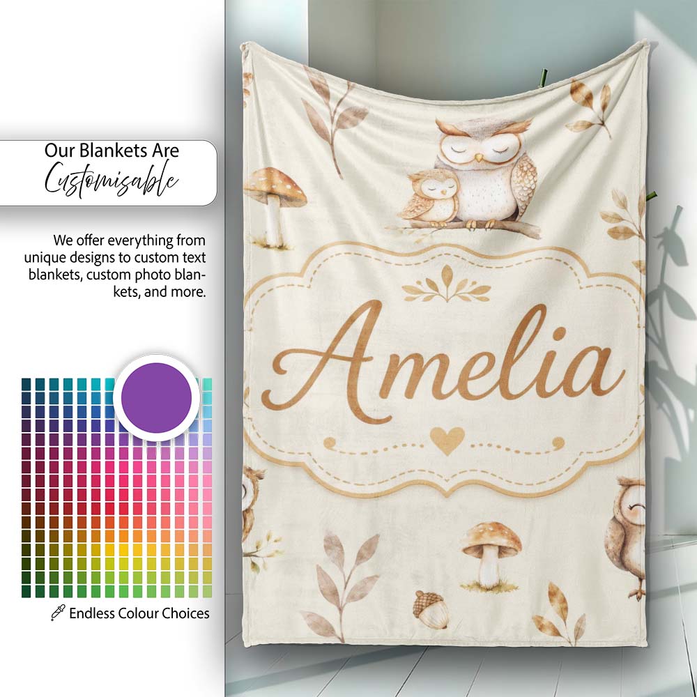 Cute Woodland Owls Mushrooms and Leaves Warm Beige Background Lovely Personalised Custom Name Super Soft Fleece Blanket Bed Sofa Throw