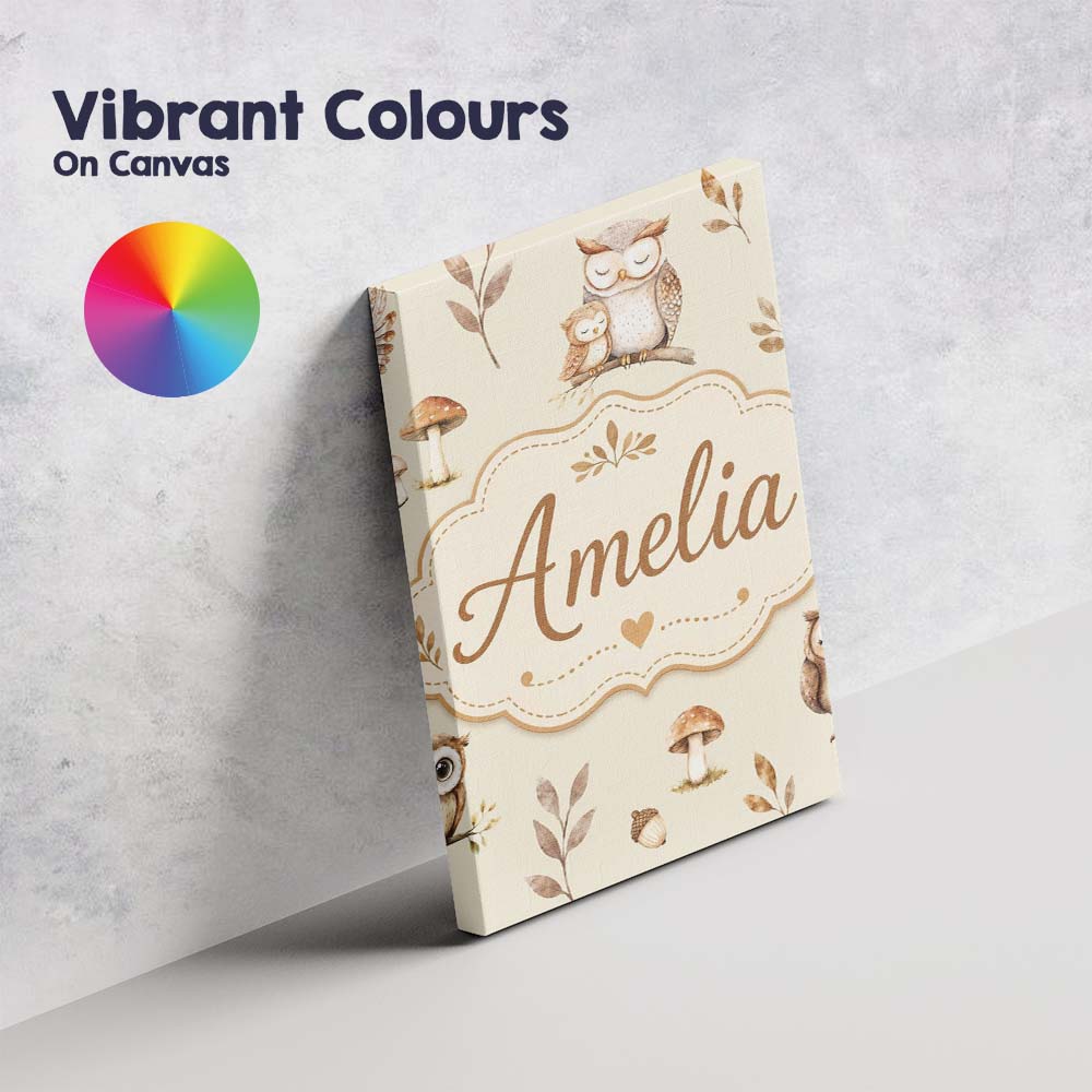 Personalised Name Cute Woodland Owls Custom Premium Decorative Design Modern Room Accent Canvas Wall Art Print Decor Picture Ready to Hang