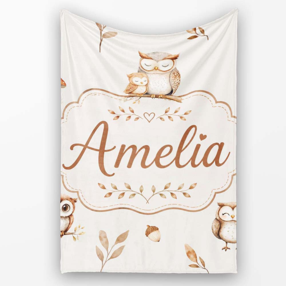 Cute Woodland Owls Mushrooms and Leaves Neutral Grey Background Personalised Custom Name Super Soft Fleece Blanket Bed Sofa Throw