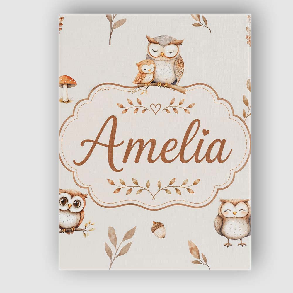 Personalised Name Cute Woodland Owls Custom Premium Decorative Design Modern Room Accent Canvas Wall Art Print Decor Picture Ready to Hang
