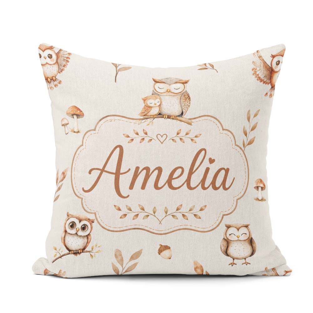 Custom Name Cute Woodland Owls Mushrooms and Leaves Neutral Grey Square Filled Cushion Throw Pillow Sofa Bed Home Decor Zip Washable UK Made