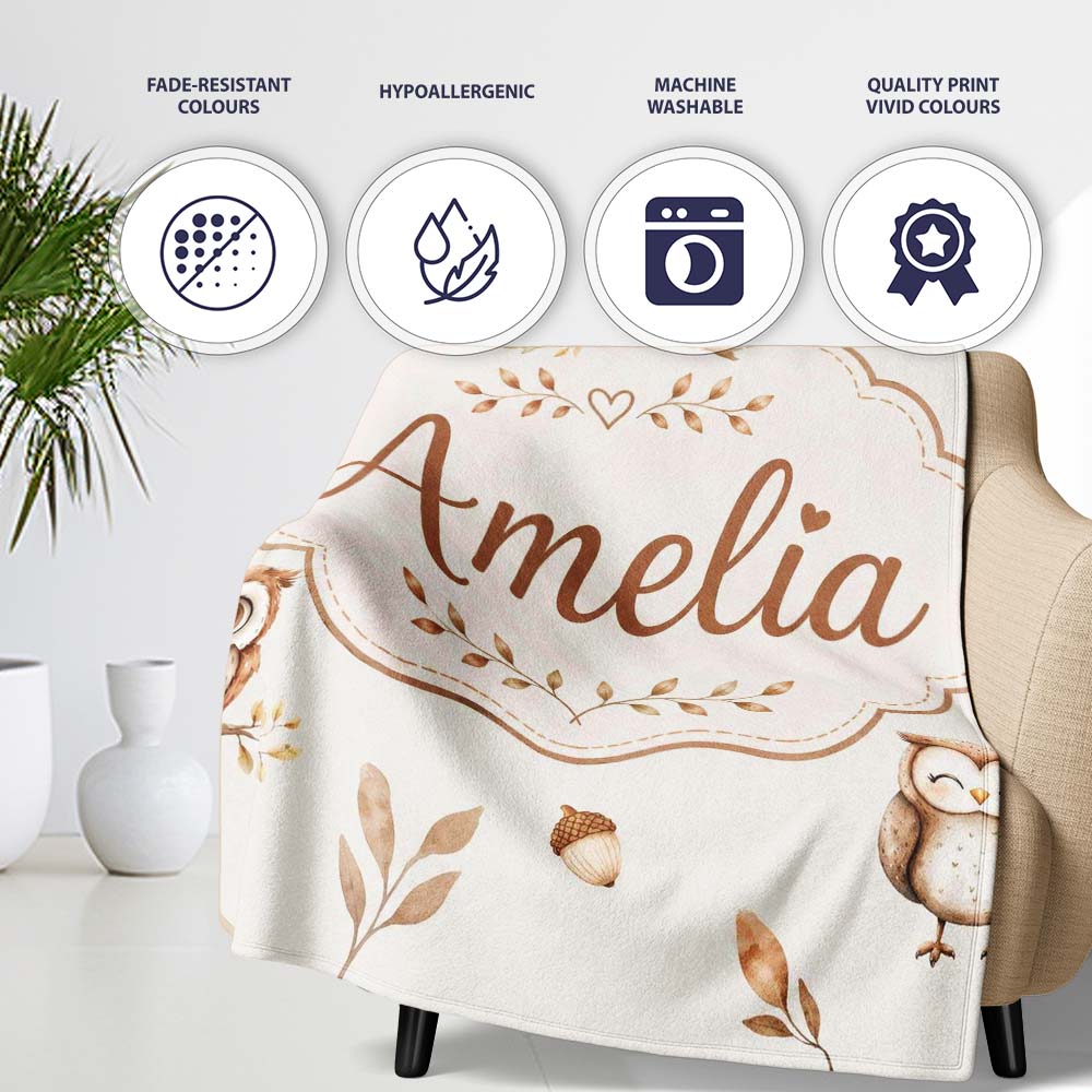 Cute Woodland Owls Mushrooms and Leaves Neutral Grey Background Personalised Custom Name Super Soft Fleece Blanket Bed Sofa Throw