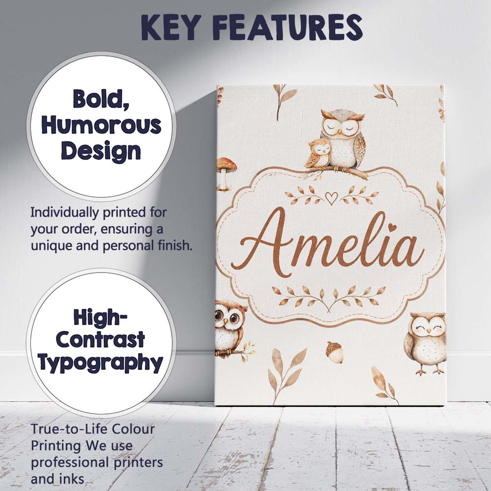 Personalised Name Cute Woodland Owls Custom Premium Decorative Design Modern Room Accent Canvas Wall Art Print Decor Picture Ready to Hang