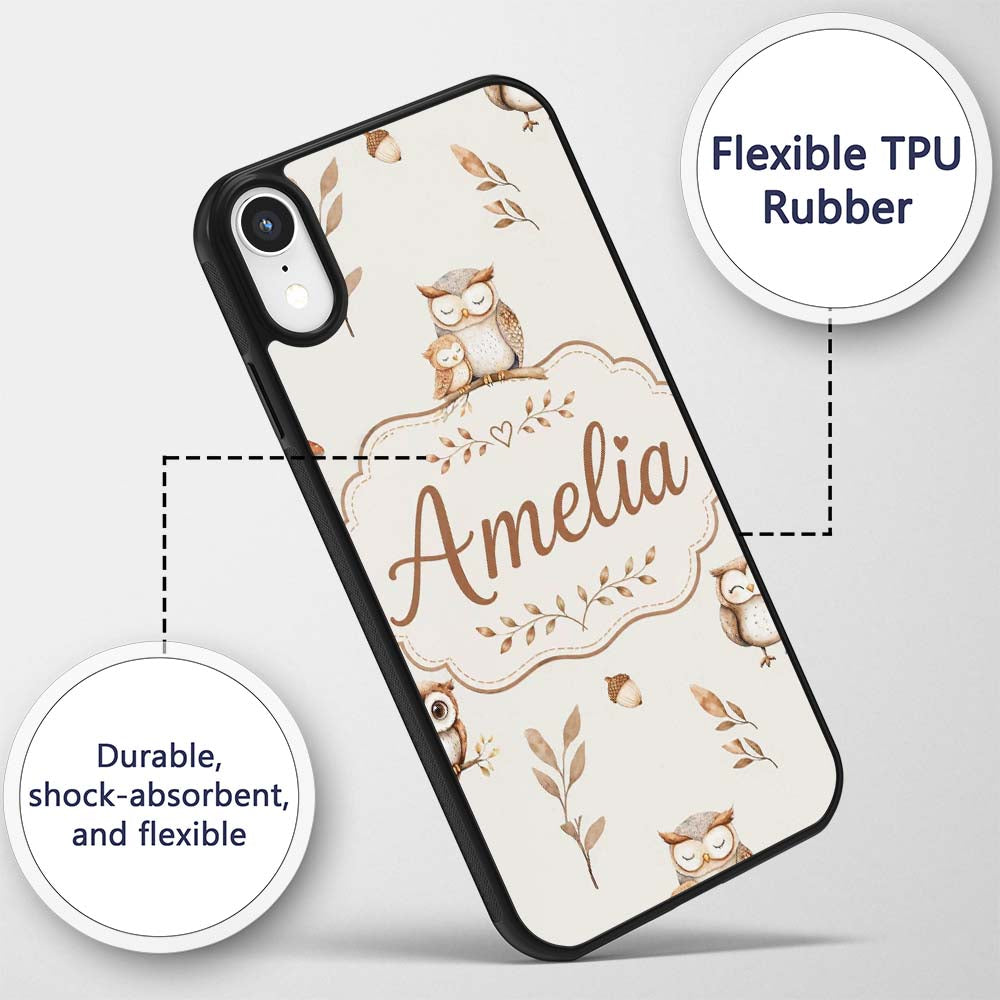 Cute Woodland Owls Mushrooms and Leaves Neutral Custom Name Protective Phone Case Mobile Cover Durable Everyday Smartphone Shock Resistant
