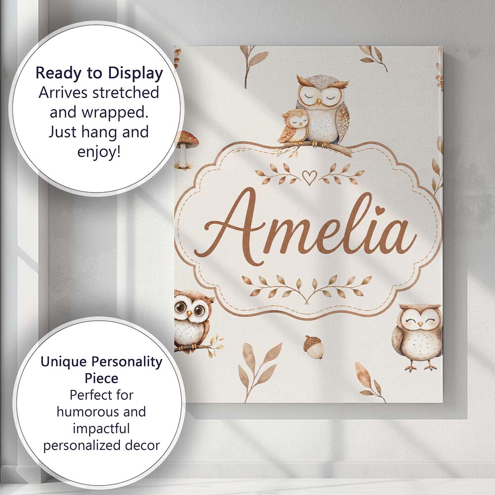 Personalised Name Cute Woodland Owls Custom Premium Decorative Design Modern Room Accent Canvas Wall Art Print Decor Picture Ready to Hang