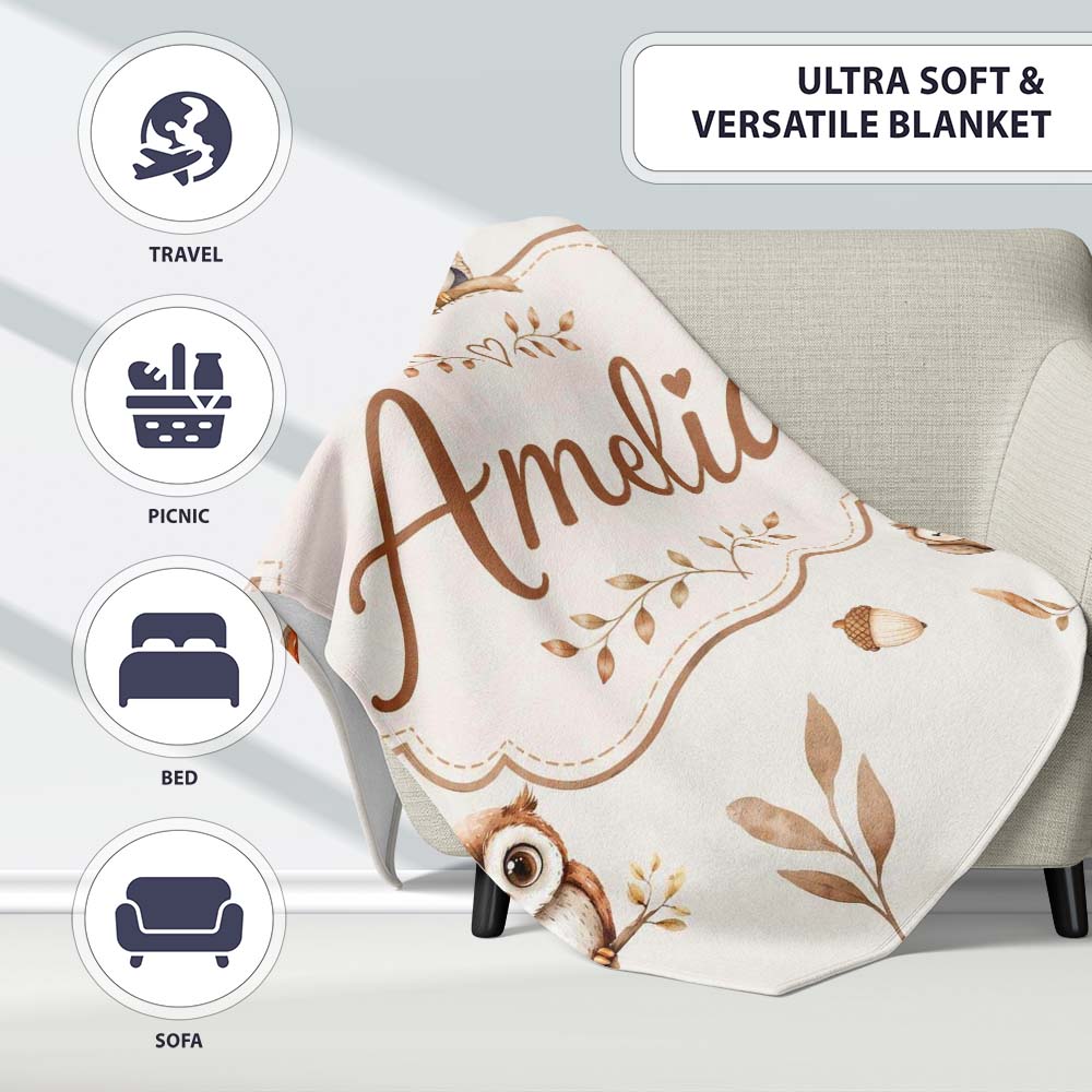 Cute Woodland Owls Mushrooms and Leaves Neutral Grey Background Personalised Custom Name Super Soft Fleece Blanket Bed Sofa Throw