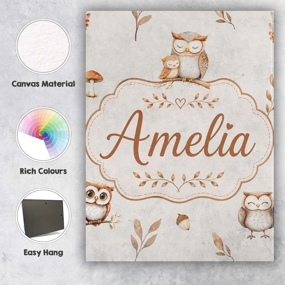 Personalised Name Cute Woodland Owls Custom Premium Decorative Design Modern Room Accent Canvas Wall Art Print Decor Picture Ready to Hang