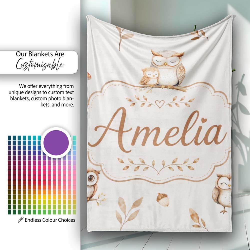 Cute Woodland Owls Mushrooms and Leaves Neutral Grey Background Personalised Custom Name Super Soft Fleece Blanket Bed Sofa Throw