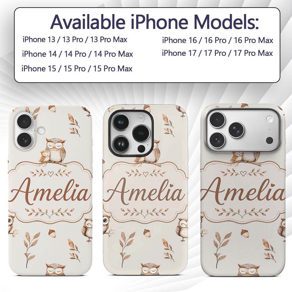 Cute Woodland Owls Mushrooms and Leaves Neutral Custom Name Protective Phone Case Mobile Cover Durable Everyday Smartphone Shock Resistant