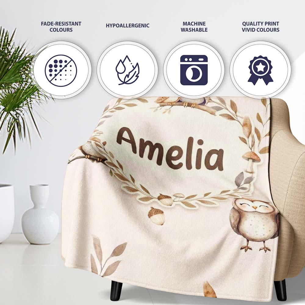 Cute Woodland Owls Mushrooms and Leaves Soft Cream Background Lovely Personalised Custom Name Super Soft Fleece Blanket Bed Sofa Throw