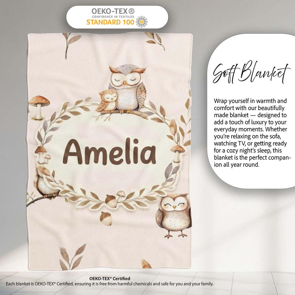Cute Woodland Owls Mushrooms and Leaves Soft Cream Background Lovely Personalised Custom Name Super Soft Fleece Blanket Bed Sofa Throw