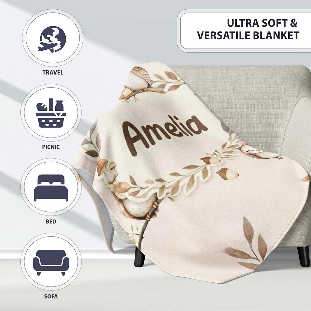 Cute Woodland Owls Mushrooms and Leaves Soft Cream Background Lovely Personalised Custom Name Super Soft Fleece Blanket Bed Sofa Throw
