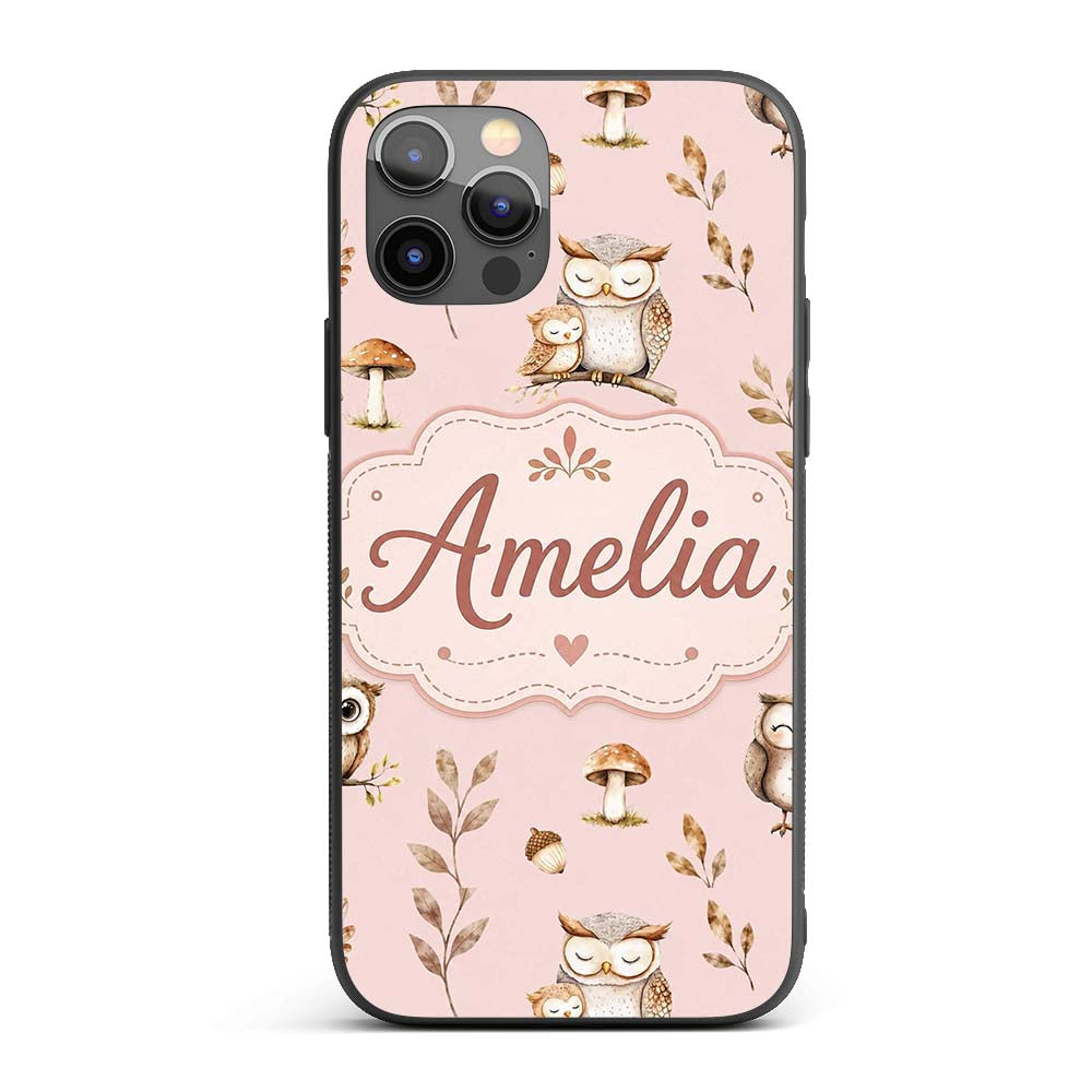 Cute Woodland Owls Mushrooms and Leaves Soft Custom Name Protective Phone Case Mobile Cover Durable Everyday Smartphone Shock Resistant