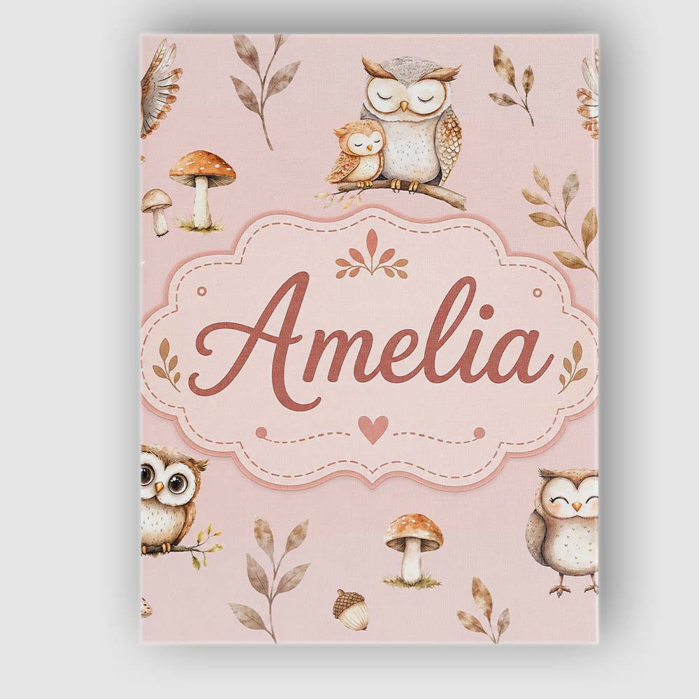 Personalised Name Cute Woodland Owls Custom Premium Decorative Design Modern Room Accent Canvas Wall Art Print Decor Picture Ready to Hang