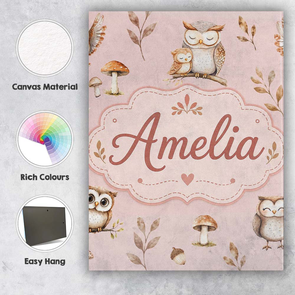 Personalised Name Cute Woodland Owls Custom Premium Decorative Design Modern Room Accent Canvas Wall Art Print Decor Picture Ready to Hang