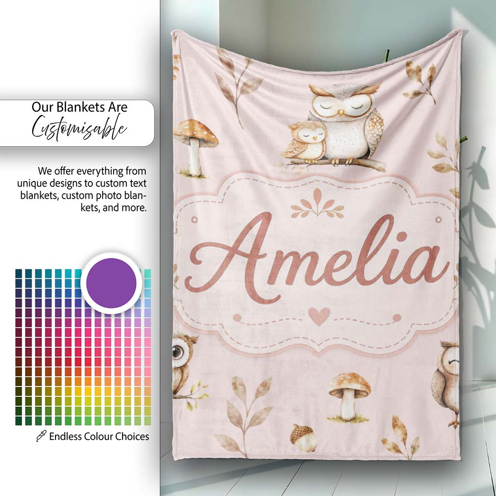 Cute Woodland Owls Mushrooms and Leaves Soft Blush Pink Background Personalised Custom Name Super Soft Fleece Blanket Bed Sofa Throw