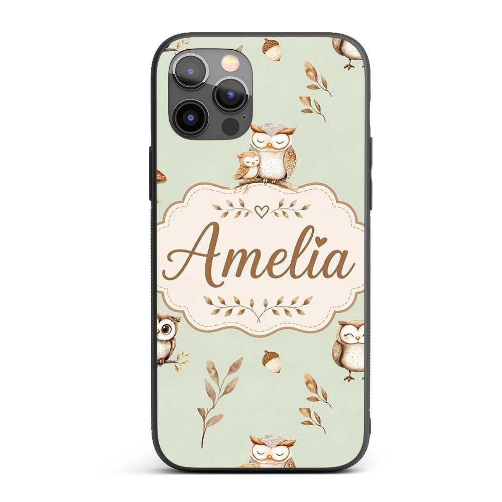 Cute Woodland Owls Mushrooms and Leaves Sage Custom Name Protective Phone Case Mobile Cover Durable Everyday Smartphone Shock Resistant