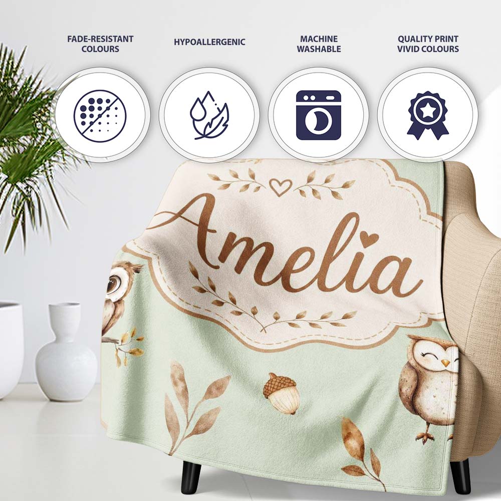 Cute Woodland Owls Mushrooms and Leaves Sage Green Background Lovely Personalised Custom Name Super Soft Fleece Blanket Bed Sofa Throw